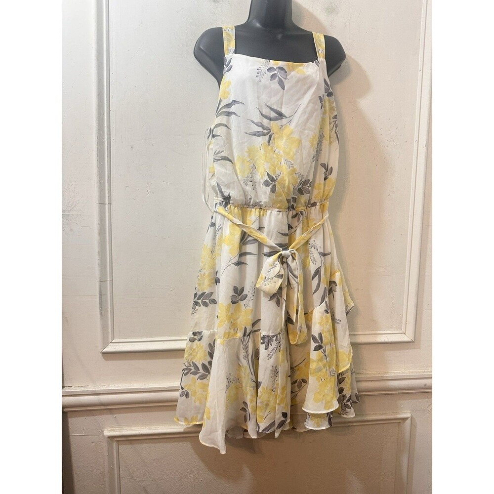 Lane Bryant Size 18 100% Yellow Gray Garden Floral Belted Flounce Ruffle Dress - Picture 3 of 12